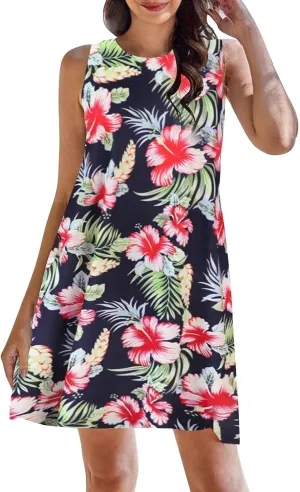 Boho Dresses for Women 2024 Summer Midi Dress Casual Spring Floral Print Tank Sleeveless Flowy Short Beach Sun Dress