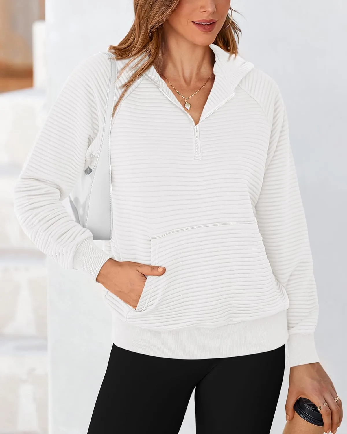 BTFBM Womens 2024 Fall Fashion Casual Hoodies Quarter Zip Sweatshirts Casual Long Sleeve V Neck Solid Pullover Tops