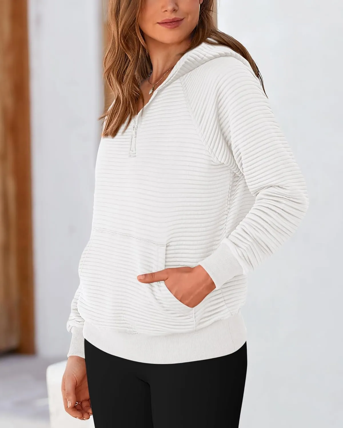 BTFBM Womens 2024 Fall Fashion Casual Hoodies Quarter Zip Sweatshirts Casual Long Sleeve V Neck Solid Pullover Tops