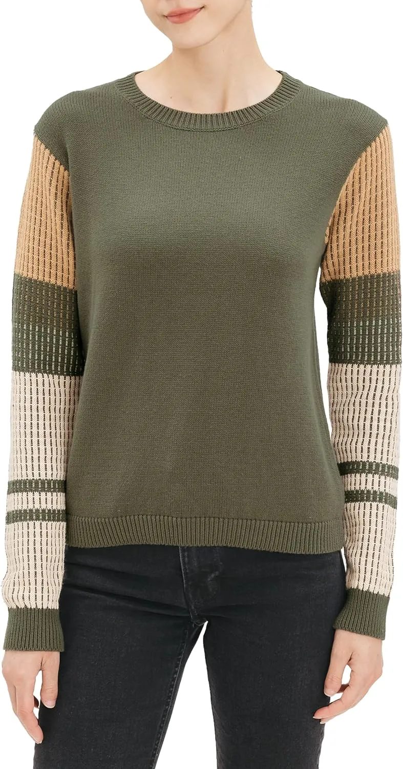 Cable Stitch Women's Contrast-Sleeve Cotton Sweater - Crewneck Long Sleeve Knitted Pullover Top