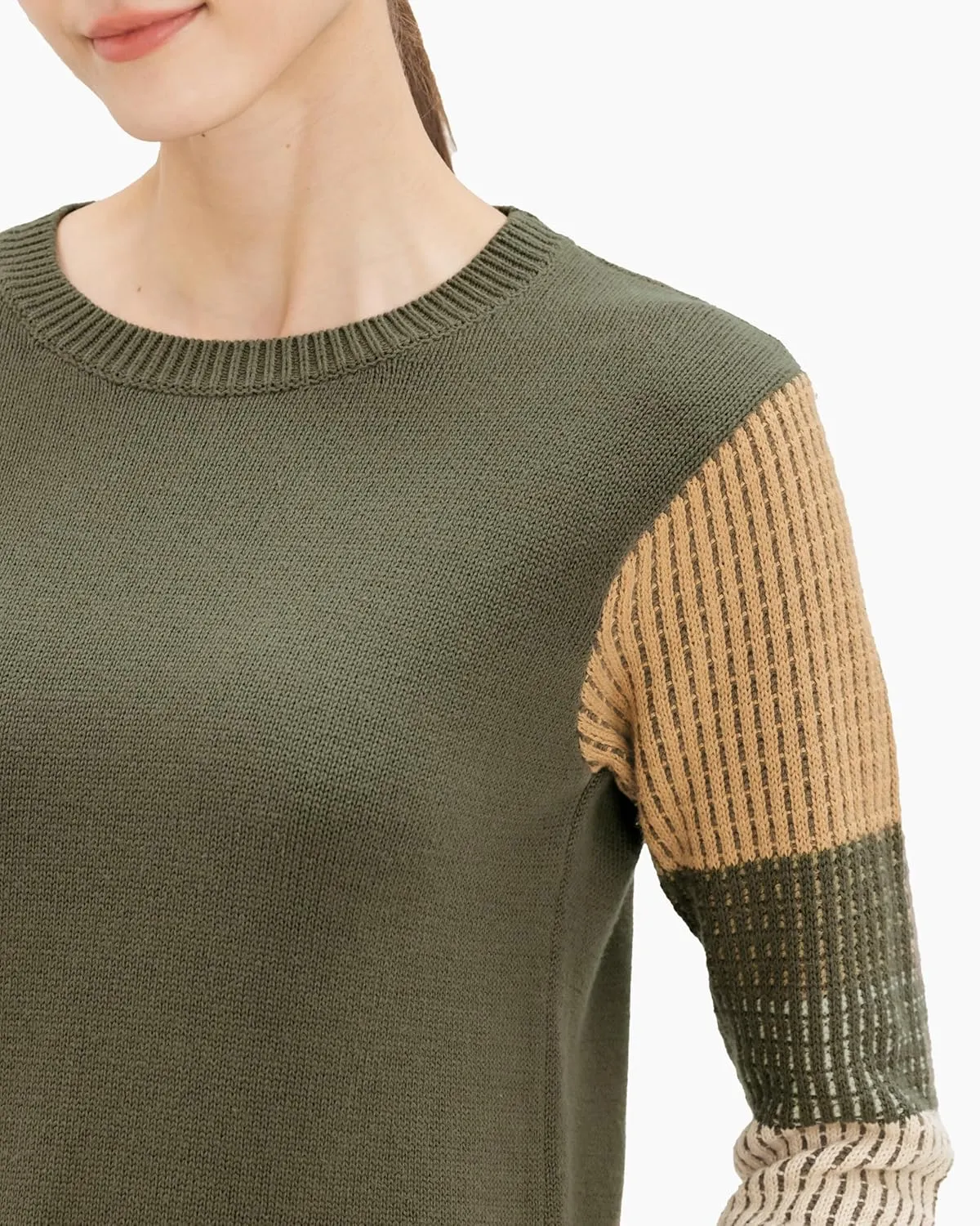 Cable Stitch Women's Contrast-Sleeve Cotton Sweater - Crewneck Long Sleeve Knitted Pullover Top