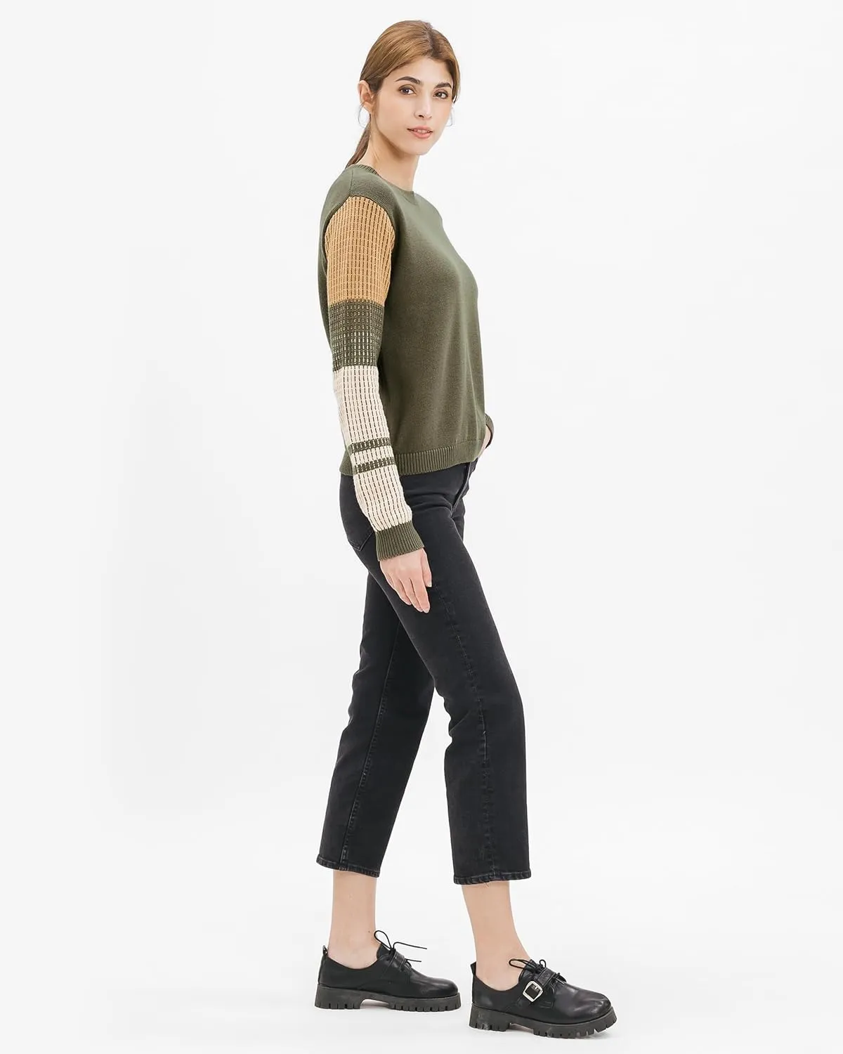 Cable Stitch Women's Contrast-Sleeve Cotton Sweater - Crewneck Long Sleeve Knitted Pullover Top