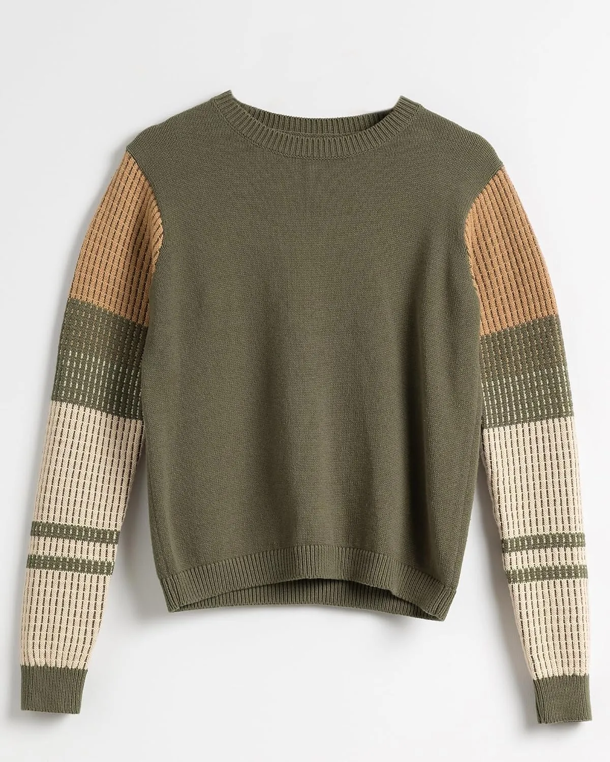 Cable Stitch Women's Contrast-Sleeve Cotton Sweater - Crewneck Long Sleeve Knitted Pullover Top