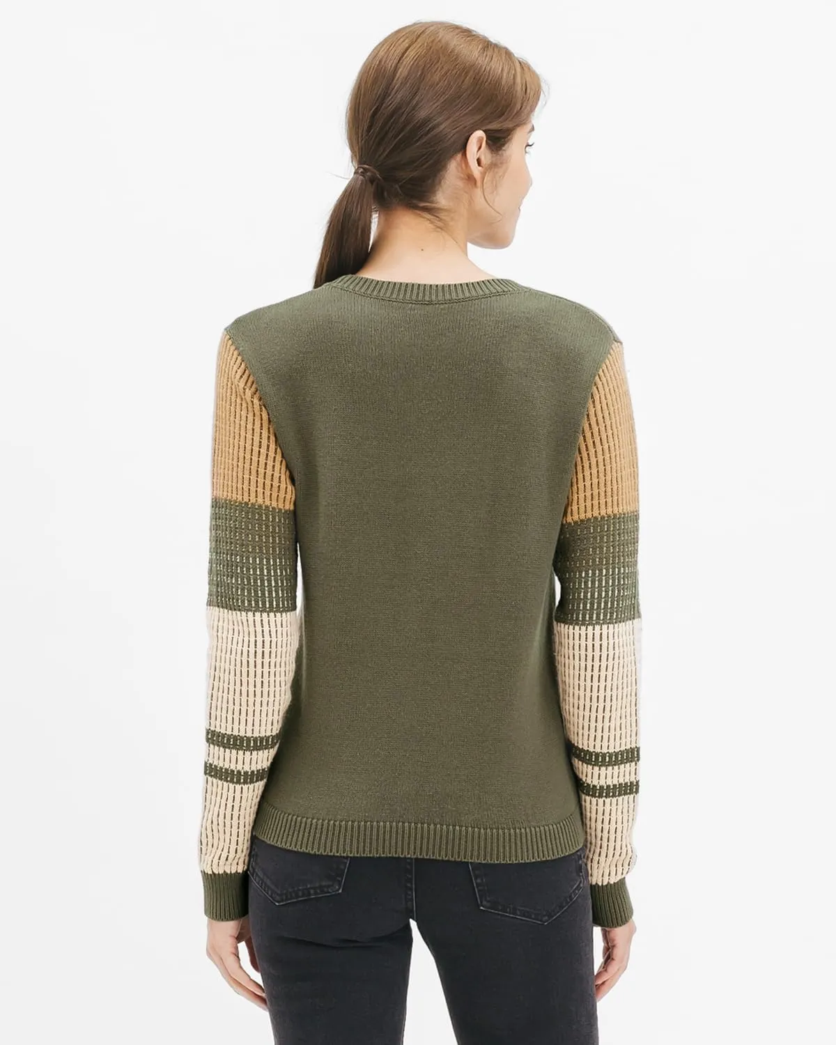 Cable Stitch Women's Contrast-Sleeve Cotton Sweater - Crewneck Long Sleeve Knitted Pullover Top