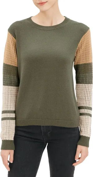 Cable Stitch Women's Contrast-Sleeve Cotton Sweater - Crewneck Long Sleeve Knitted Pullover Top