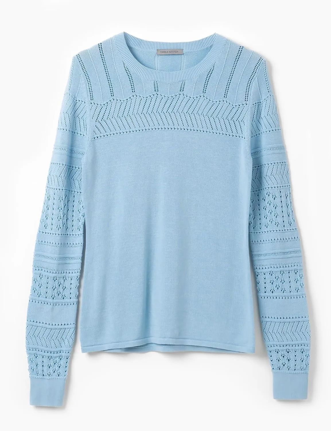 Cable Stitch Women's Pointelle Sleeve Lightweight Sweater - Long Sleeve Crewneck Lace Pullover Top