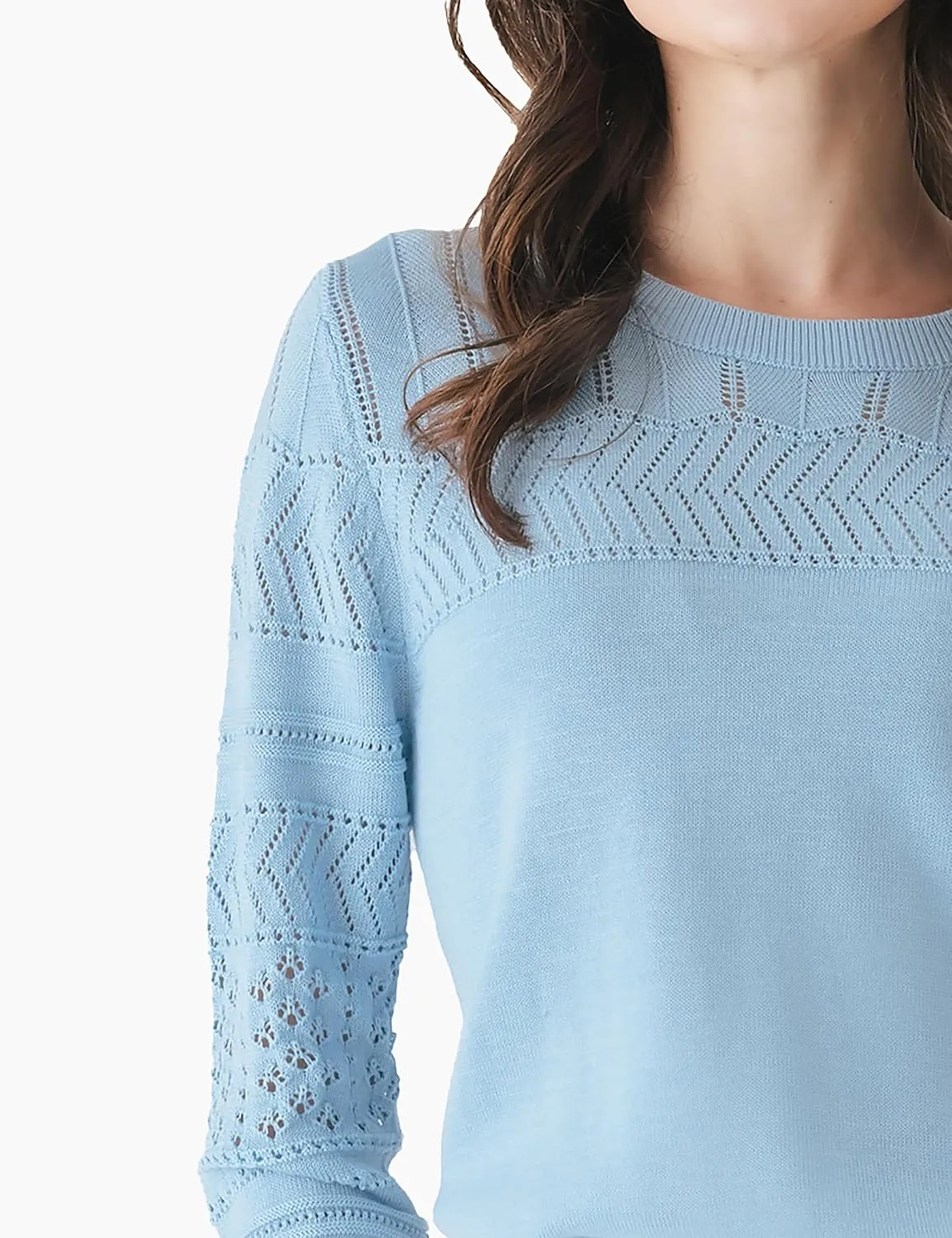 Cable Stitch Women's Pointelle Sleeve Lightweight Sweater - Long Sleeve Crewneck Lace Pullover Top