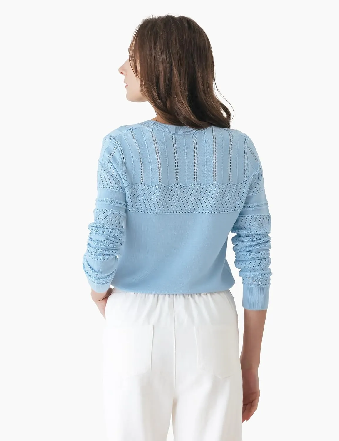 Cable Stitch Women's Pointelle Sleeve Lightweight Sweater - Long Sleeve Crewneck Lace Pullover Top