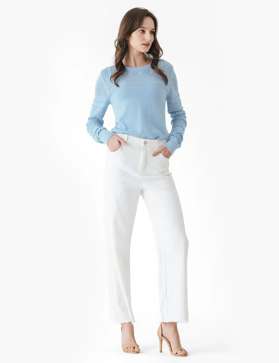 Cable Stitch Women's Pointelle Sleeve Lightweight Sweater - Long Sleeve Crewneck Lace Pullover Top