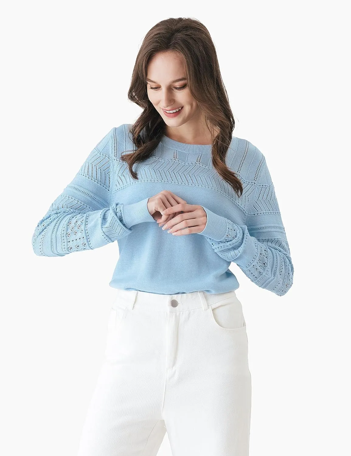 Cable Stitch Women's Pointelle Sleeve Lightweight Sweater - Long Sleeve Crewneck Lace Pullover Top