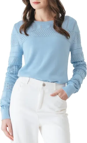 Cable Stitch Women's Pointelle Sleeve Lightweight Sweater - Long Sleeve Crewneck Lace Pullover Top