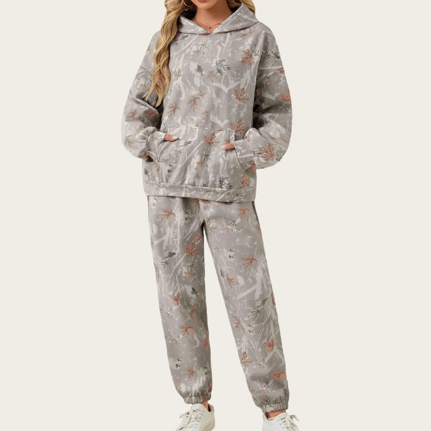 Camo Sweatsuits Women 2 Piece Outfit Camo Hoodies Pullover Maple Leaf Print Oversized Sweatshirt Joggers Sweat Sets