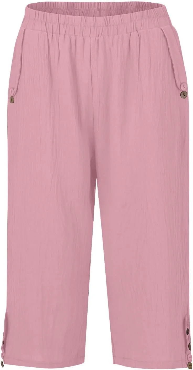 Capri Linen Pants for Women Petite Women's Wide Leg Pants Casual Drawstring Lounge Palazzo Loose Trousers