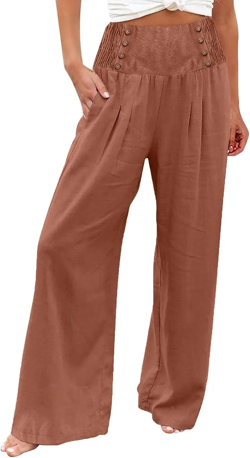 Capri Linen Pants for Women Petite Women's Wide Leg Pants Casual Drawstring Lounge Palazzo Loose Trousers