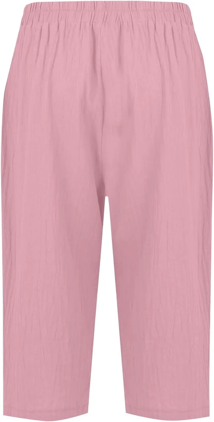 Capri Linen Pants for Women Petite Women's Wide Leg Pants Casual Drawstring Lounge Palazzo Loose Trousers