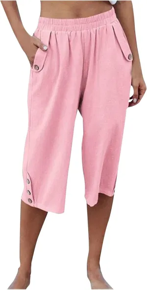 Capri Linen Pants for Women Petite Women's Wide Leg Pants Casual Drawstring Lounge Palazzo Loose Trousers