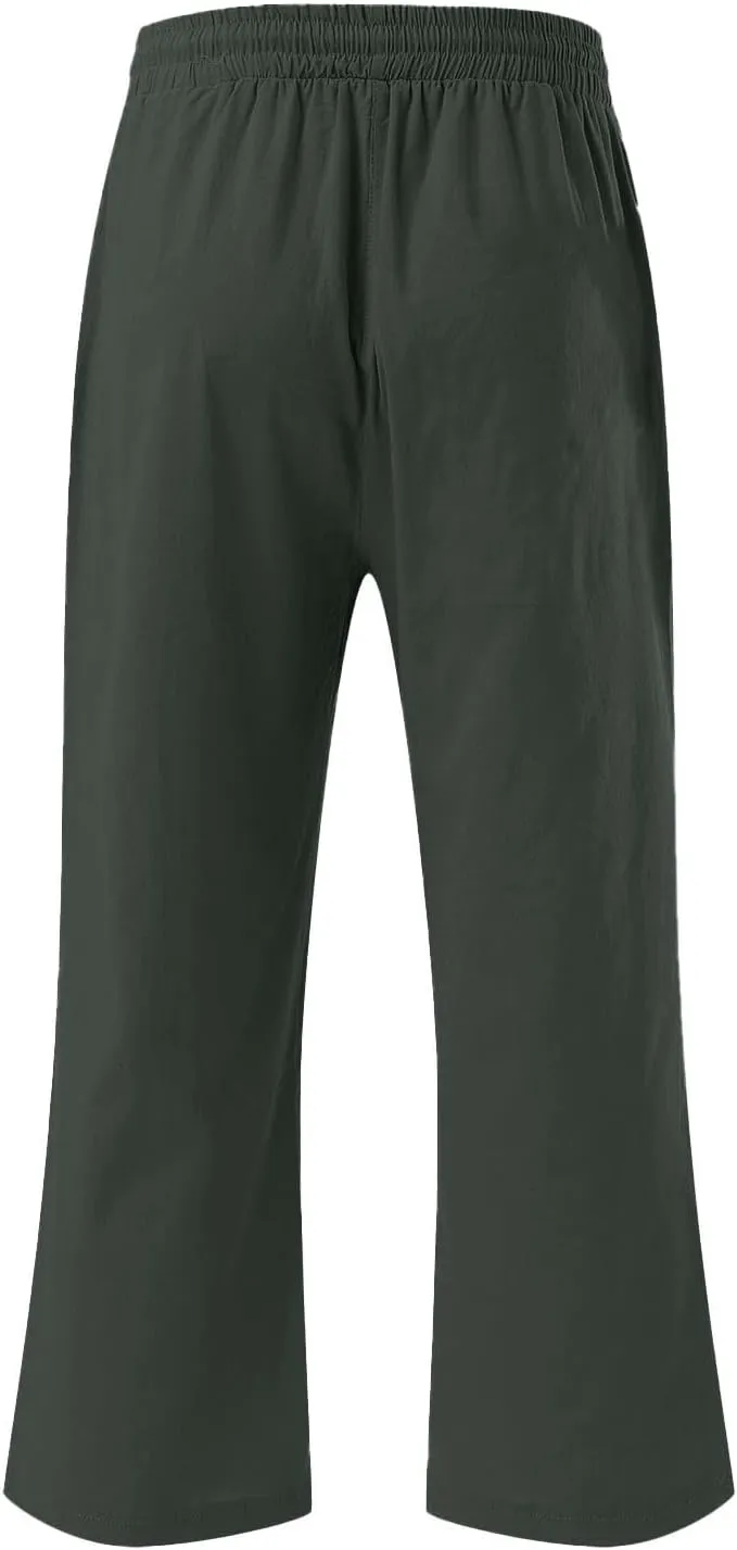 Capri Linen Pants for Women Summer Casual Wide Leg Pants Loose Fit Palazzo Pants Elastic Waist Cropped Trousers S-5X