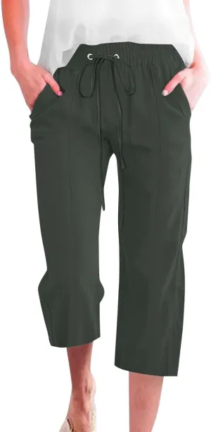 Capri Linen Pants for Women Summer Casual Wide Leg Pants Loose Fit Palazzo Pants Elastic Waist Cropped Trousers S-5X