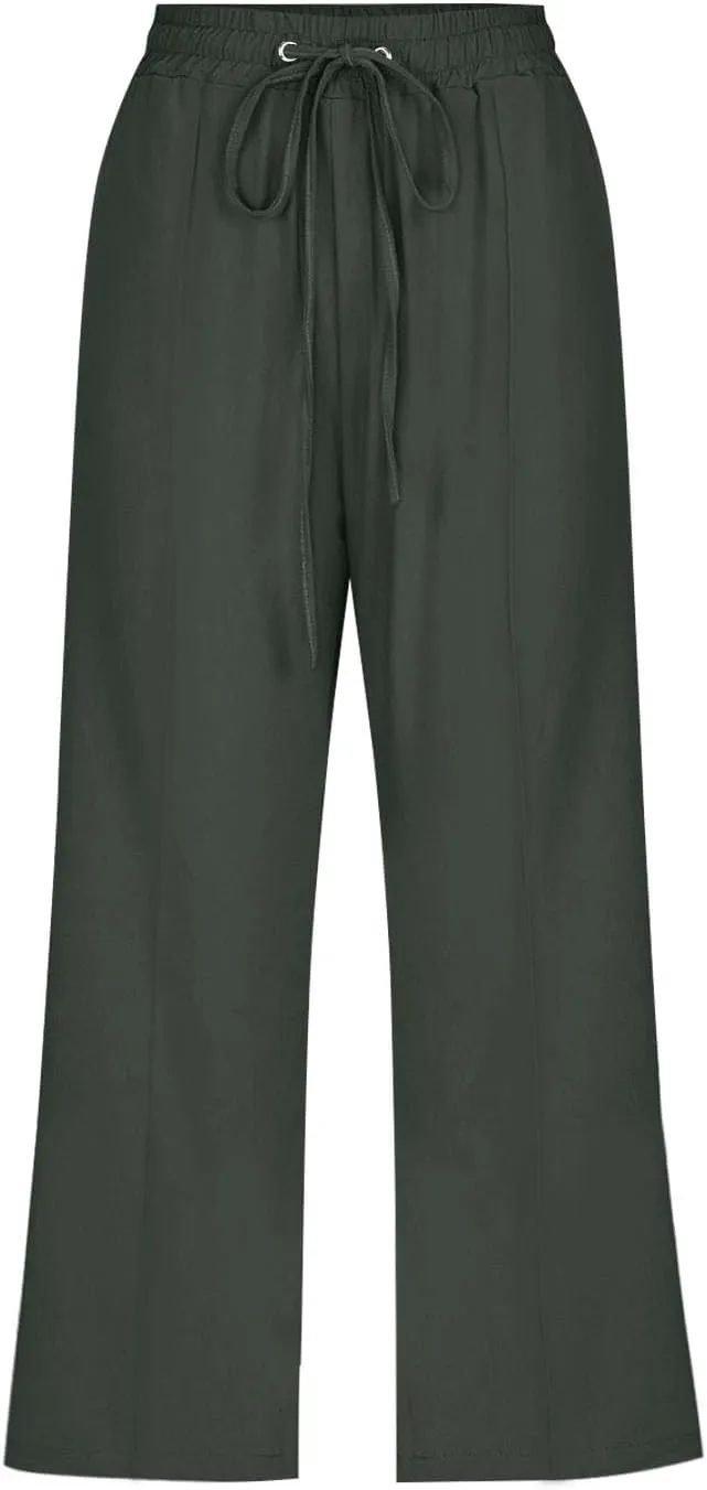 Capri Linen Pants for Women Summer Casual Wide Leg Pants Loose Fit Palazzo Pants Elastic Waist Cropped Trousers S-5X