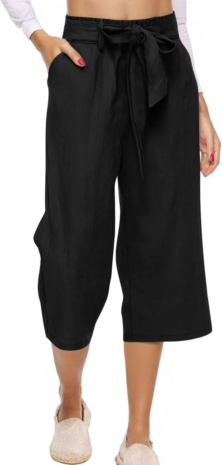 Capri Pants for Women High Waist Linen Casual Pant 2025 Summer Drawstring Elastic Wide Leg Plus Size Lounge Trouser