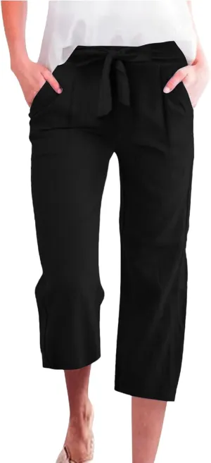 Capri Pants for Women High Waist Linen Casual Pant 2025 Summer Drawstring Elastic Wide Leg Plus Size Lounge Trouser