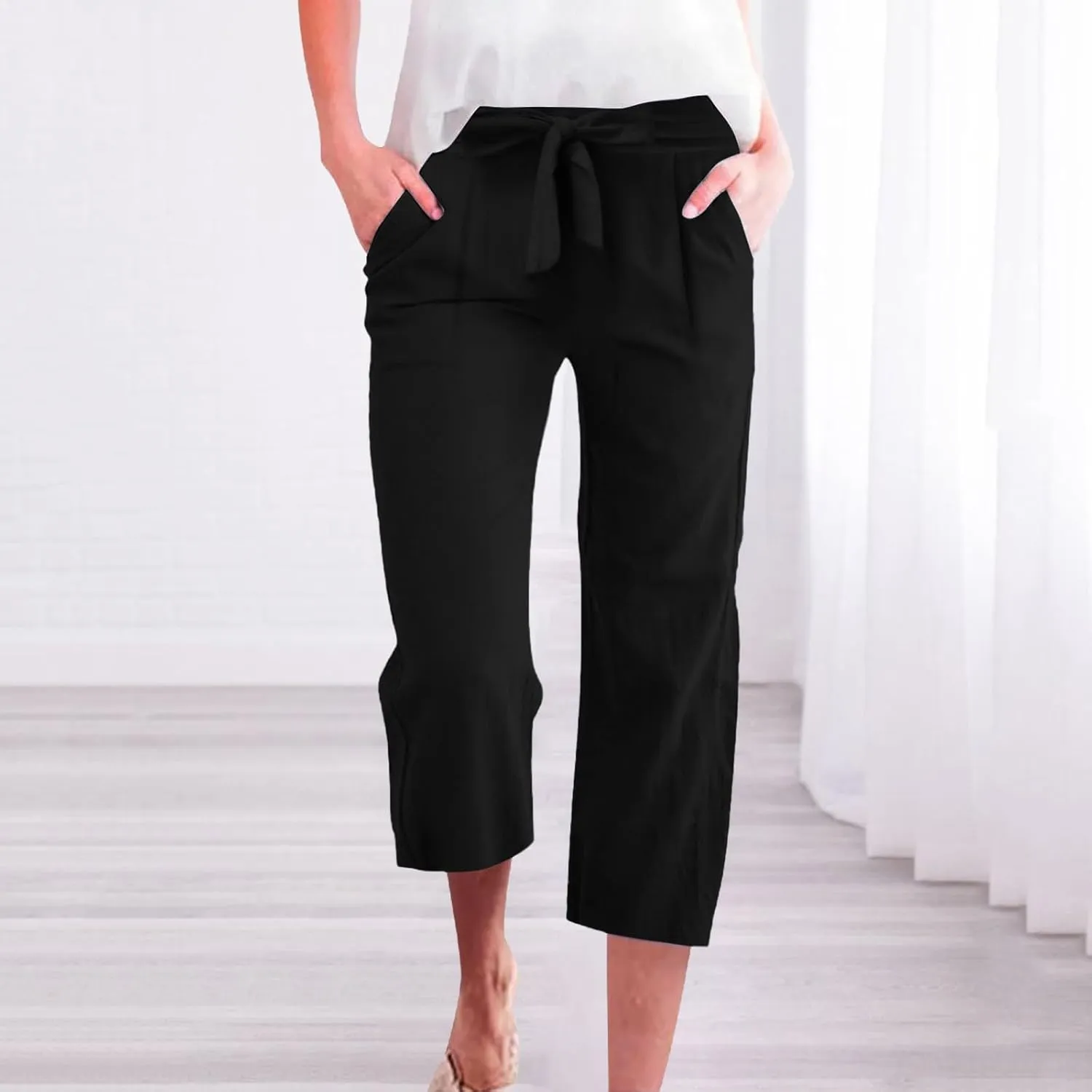 Capri Pants for Women High Waist Linen Casual Pant 2025 Summer Drawstring Elastic Wide Leg Plus Size Lounge Trouser