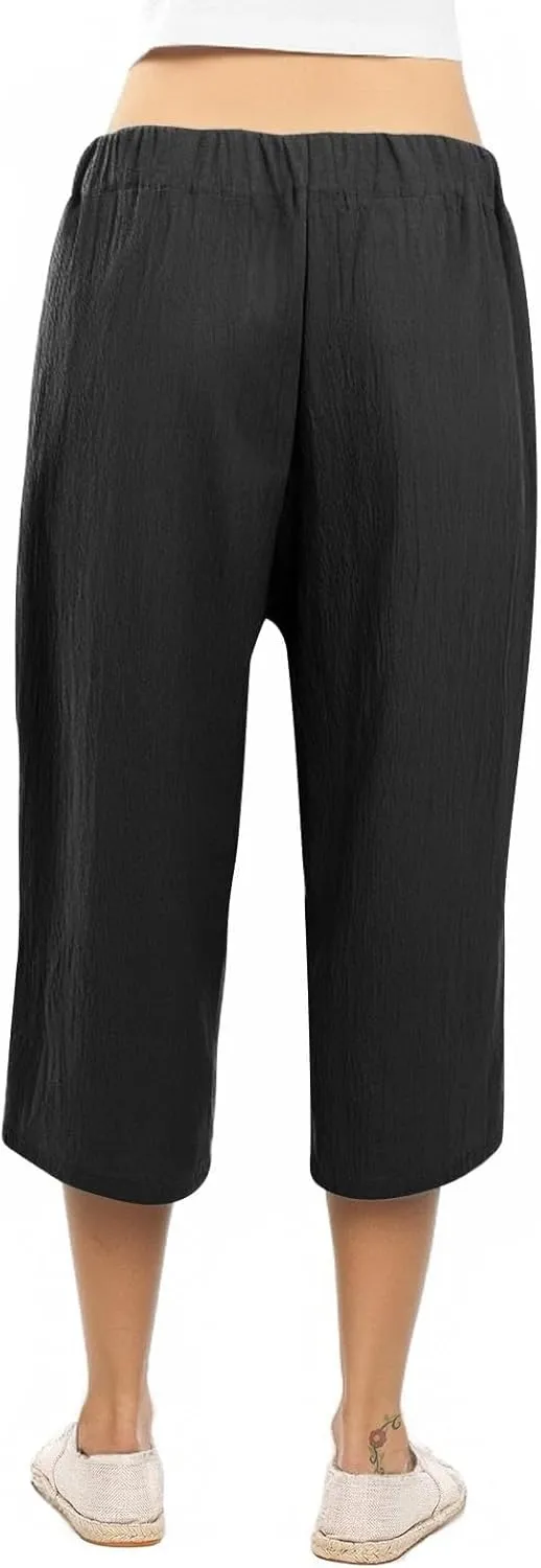 Capri Pants for Women High Waist Linen Casual Pant 2025 Summer Drawstring Elastic Wide Leg Plus Size Lounge Trouser