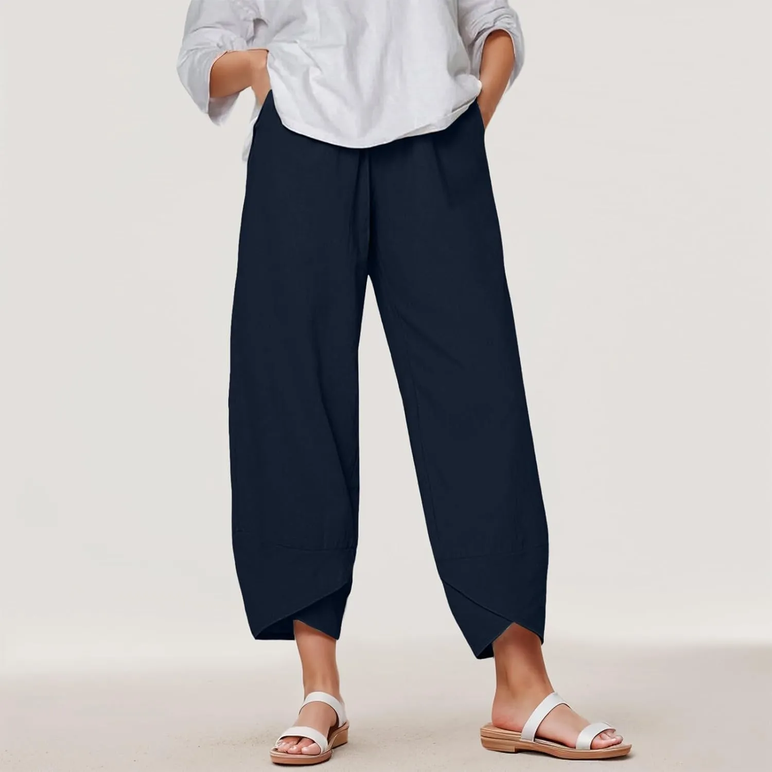 Capri Pants for Women Plus Size Linen Pants Wide Leg with Pockets Drawstring Casual Flowy Palazzo Linen Pants Women