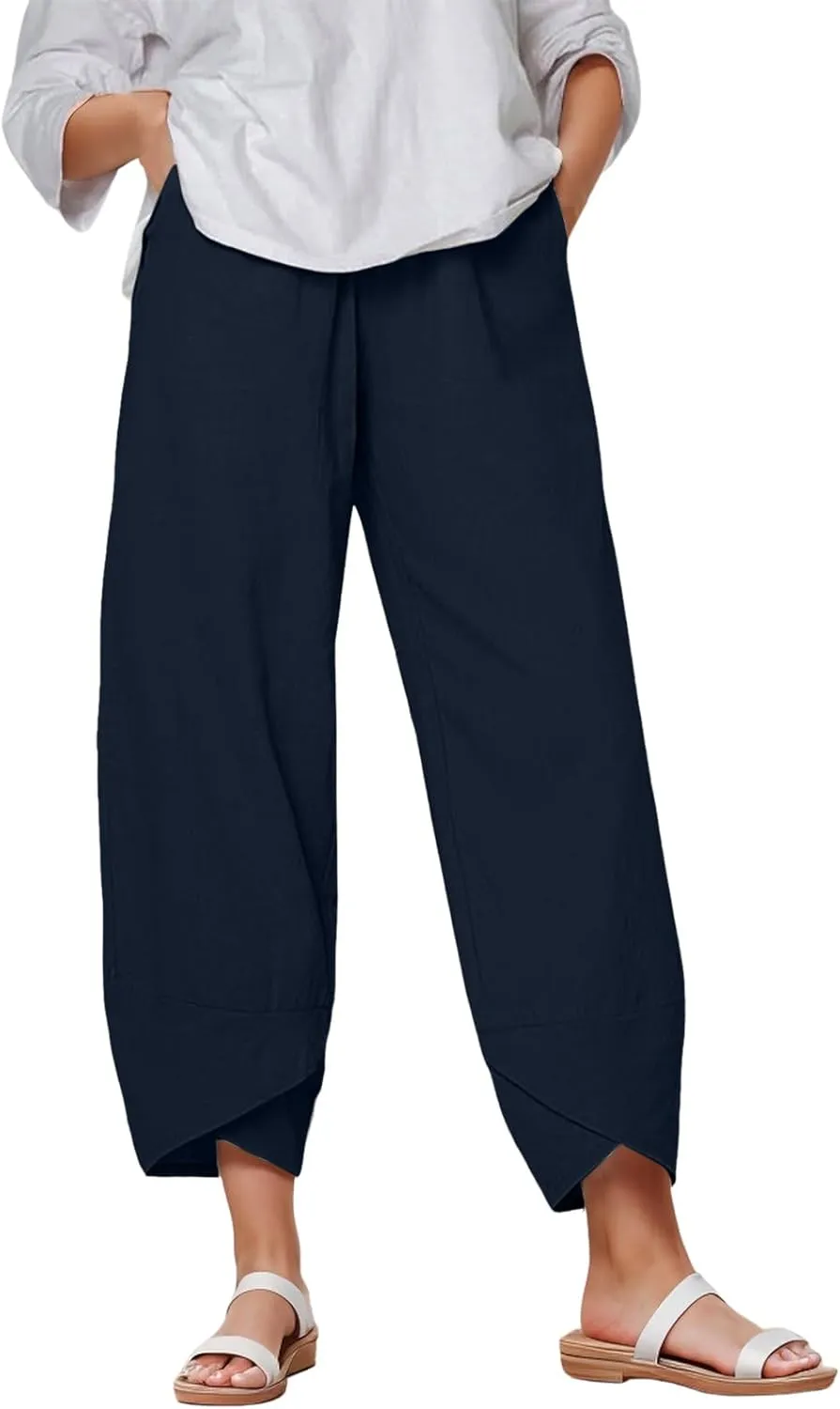 Capri Pants for Women Plus Size Linen Pants Wide Leg with Pockets Drawstring Casual Flowy Palazzo Linen Pants Women