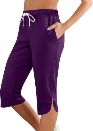 Capri Pants for Women Side Split Knee Length Elastic Waisted Drawstring Athletic Workout Yoga Pants with Pockets