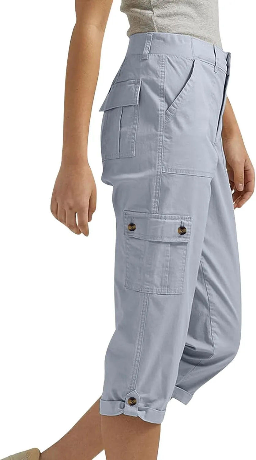 Capri Pants for Women Summer 2024 Cotton Linen Trousers with Pockets Straight Cropped Trousers Pants for Work