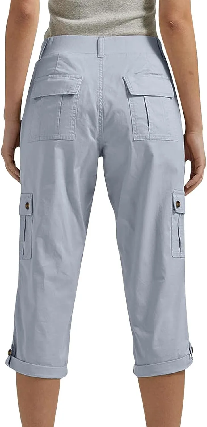 Capri Pants for Women Summer 2024 Cotton Linen Trousers with Pockets Straight Cropped Trousers Pants for Work