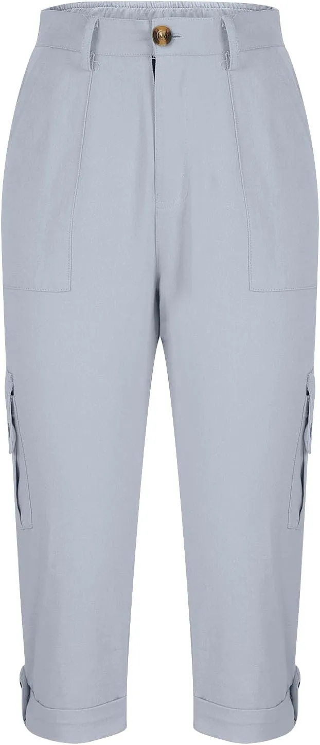 Capri Pants for Women Summer 2024 Cotton Linen Trousers with Pockets Straight Cropped Trousers Pants for Work