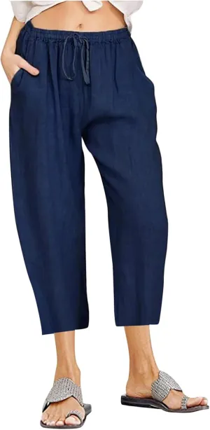 Capris Linen Pants for Women Drawstring Elastic Waist Wide Leg Trousers Solid Color Cropped Pants with Pockets