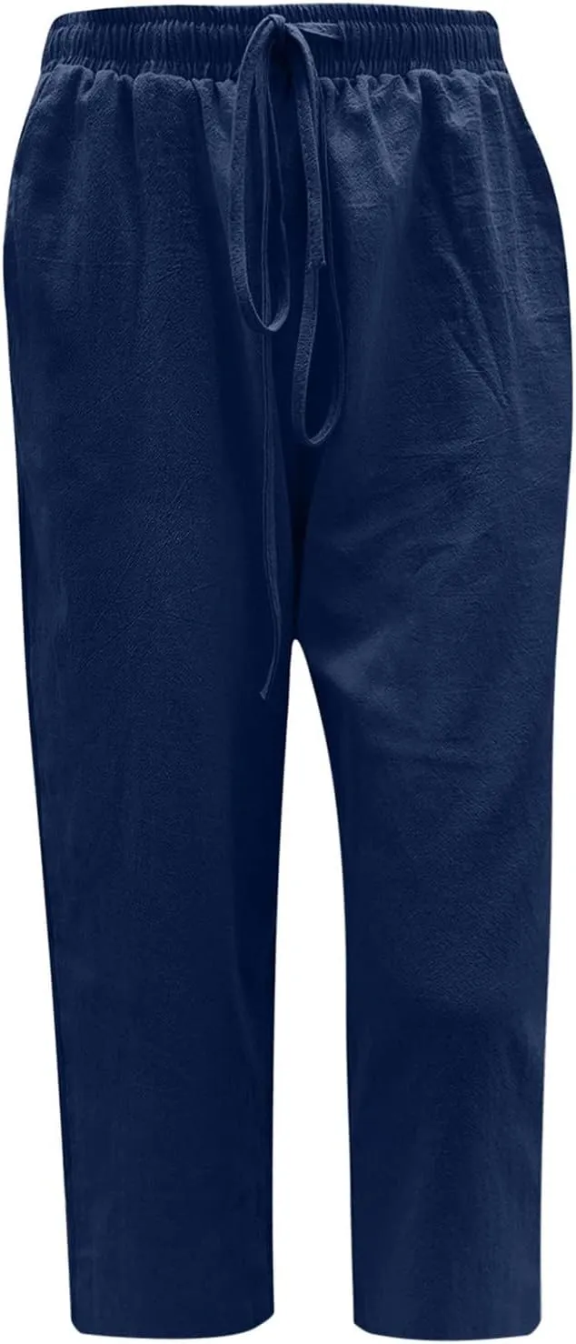 Capris Linen Pants for Women Drawstring Elastic Waist Wide Leg Trousers Solid Color Cropped Pants with Pockets