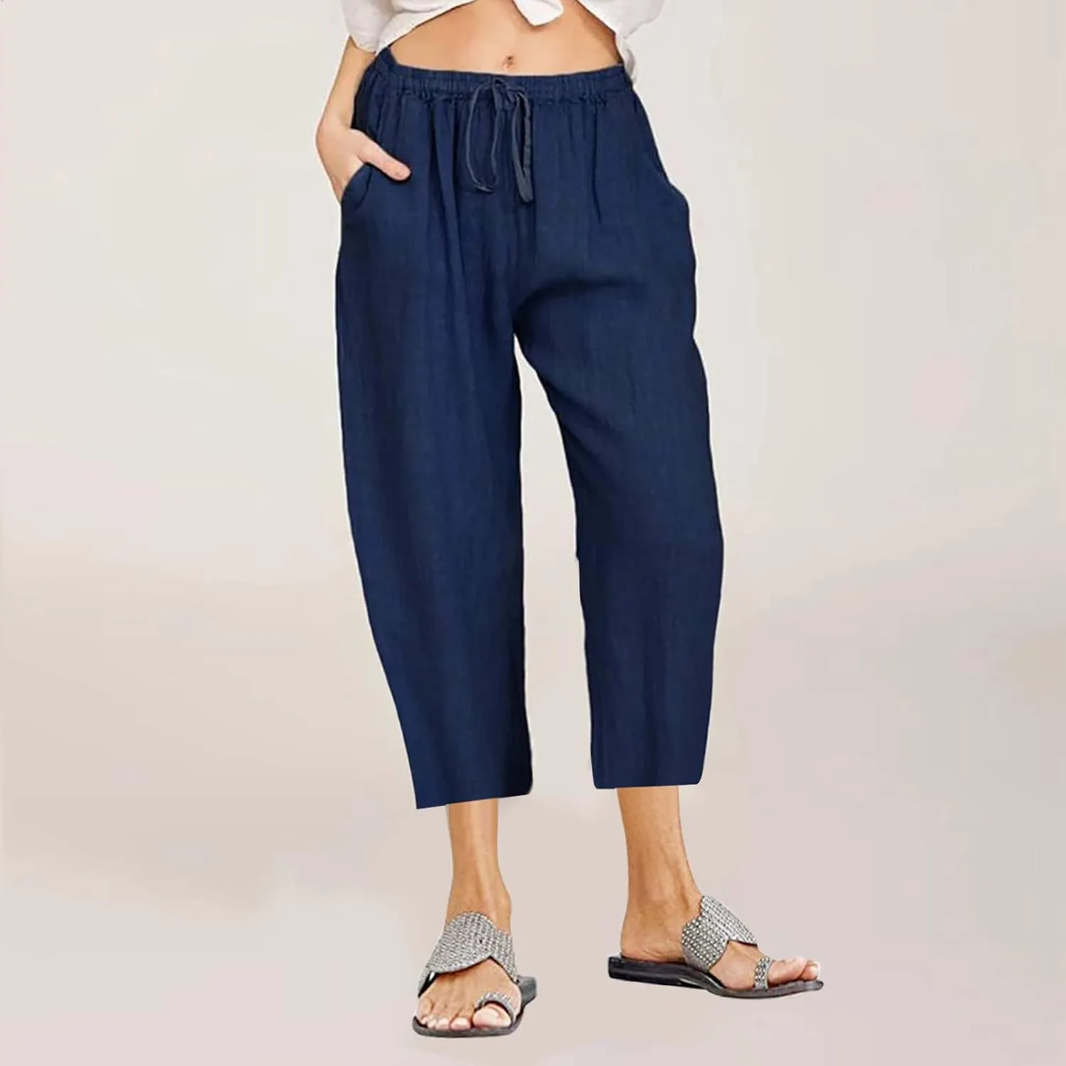 Capris Linen Pants for Women Drawstring Elastic Waist Wide Leg Trousers Solid Color Cropped Pants with Pockets