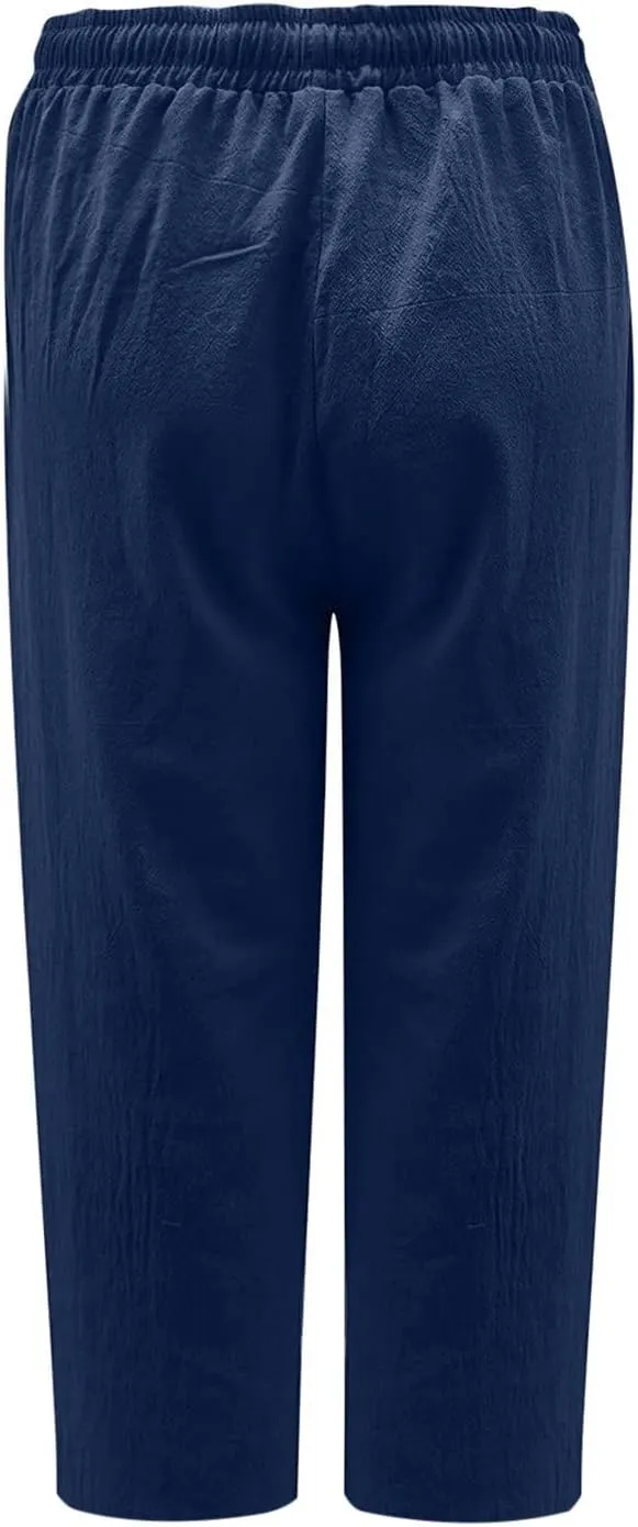 Capris Linen Pants for Women Drawstring Elastic Waist Wide Leg Trousers Solid Color Cropped Pants with Pockets