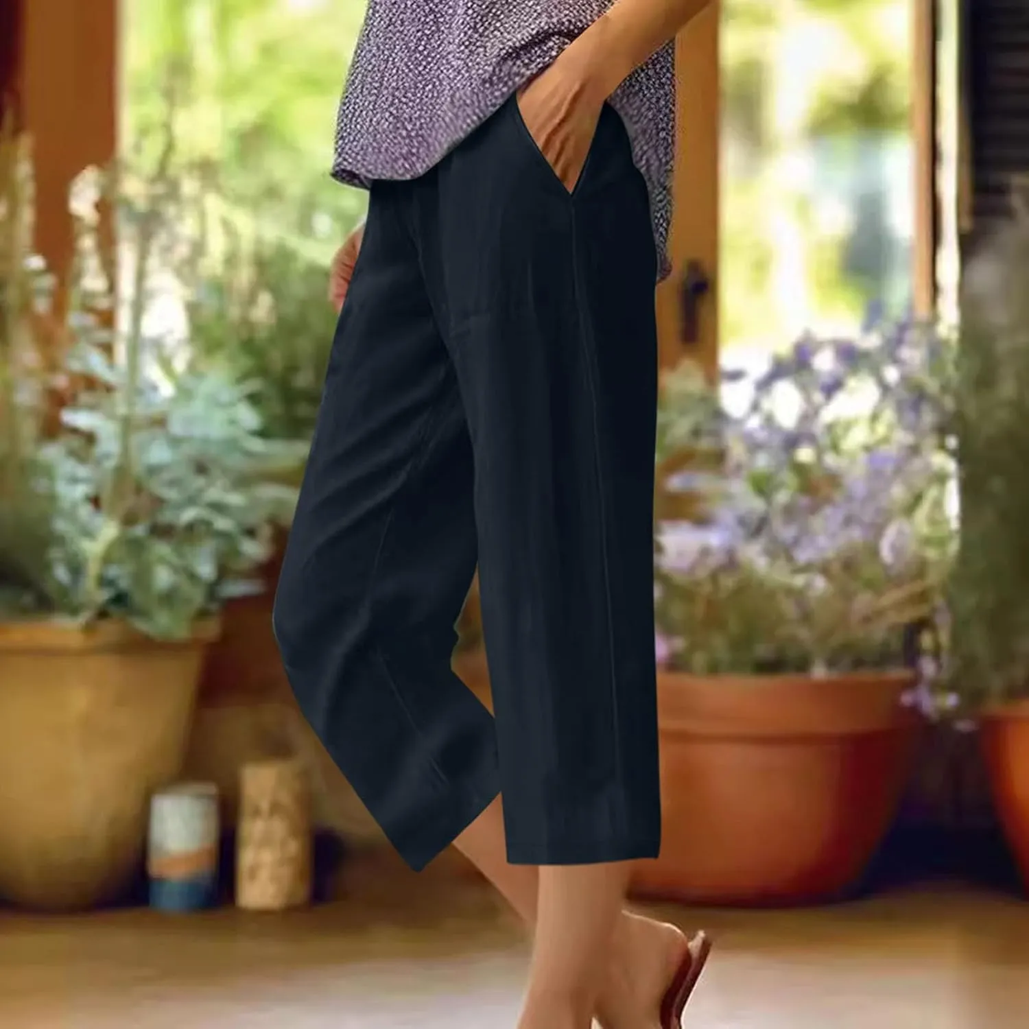 Capris Pants for Women Summer Dressy High Waight Drawstring Linen Pants Plus Size Trendy Beach Lounge Trousers with Pockets