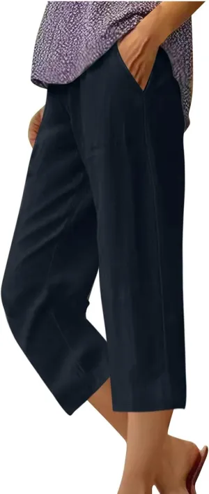 Capris Pants for Women Summer Dressy High Waight Drawstring Linen Pants Plus Size Trendy Beach Lounge Trousers with Pockets