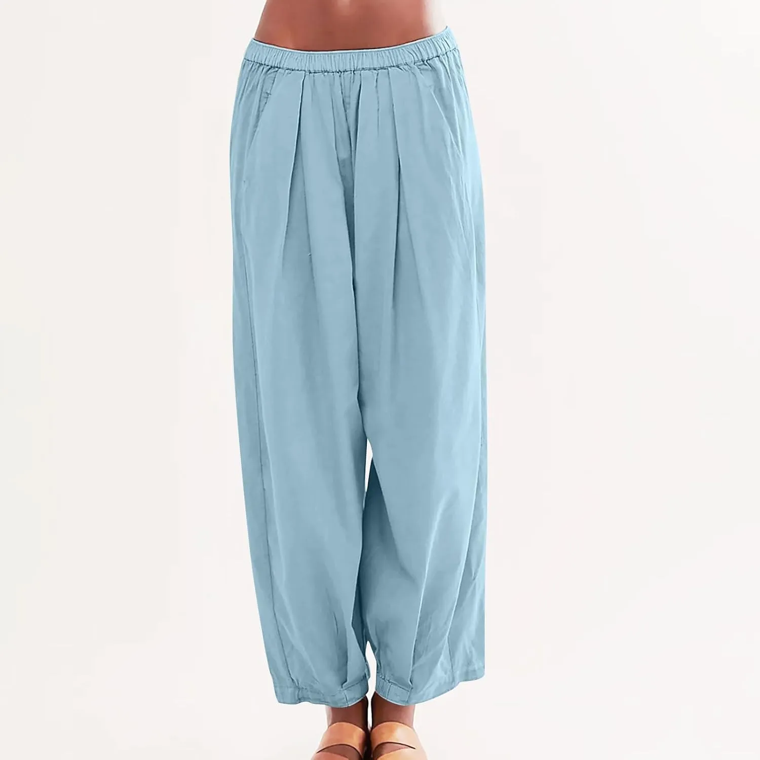 Casual Cotton Linen Pants Womens Classic Wide Leg Slacks Trendy Elastic Waist Pant Summer Loose Flowy Lounge Trousers