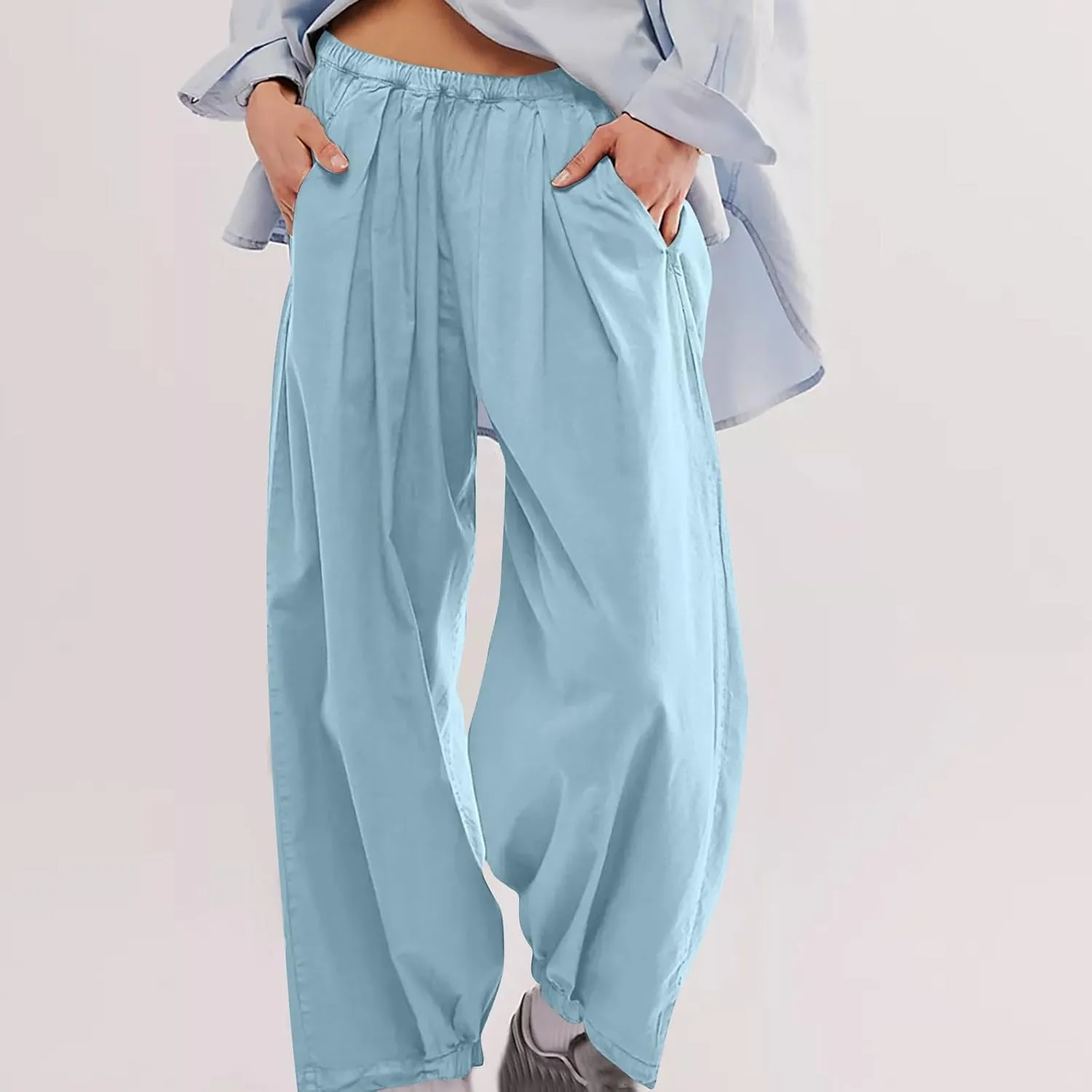 Casual Cotton Linen Pants Womens Classic Wide Leg Slacks Trendy Elastic Waist Pant Summer Loose Flowy Lounge Trousers