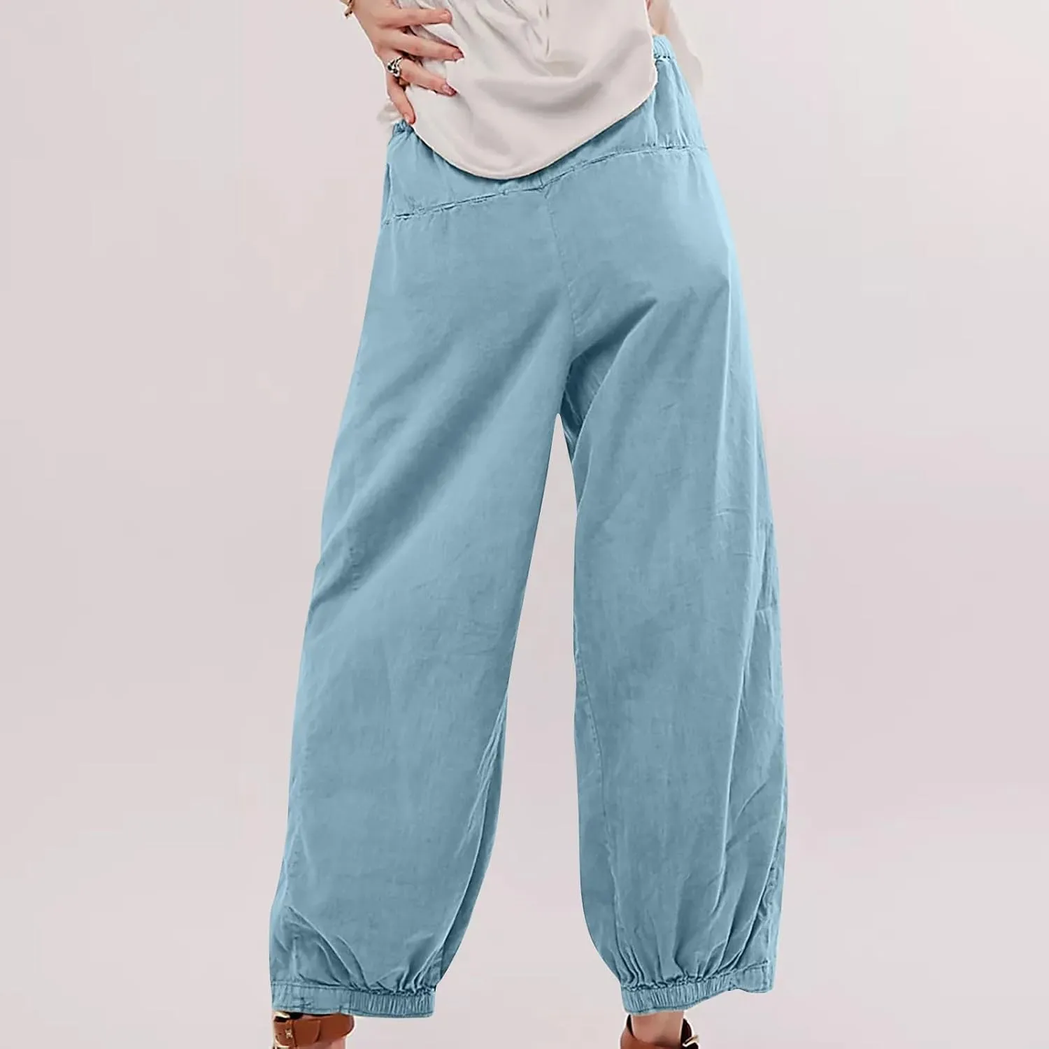 Casual Cotton Linen Pants Womens Classic Wide Leg Slacks Trendy Elastic Waist Pant Summer Loose Flowy Lounge Trousers
