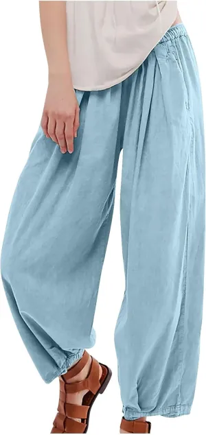 Casual Cotton Linen Pants Womens Classic Wide Leg Slacks Trendy Elastic Waist Pant Summer Loose Flowy Lounge Trousers