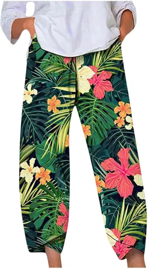 Ceboyel Women Hawaii Linen Capris Pants Wide Leg Relax Fit Palazzo Pants Summer Casual Sweatpants Trousers Boho Outfits