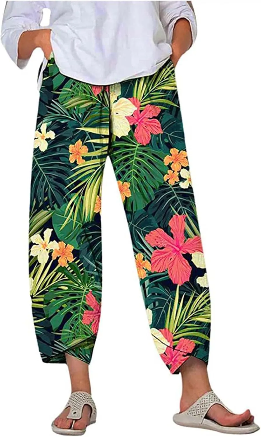 Ceboyel Women Hawaii Linen Capris Pants Wide Leg Relax Fit Palazzo Pants Summer Casual Sweatpants Trousers Boho Outfits