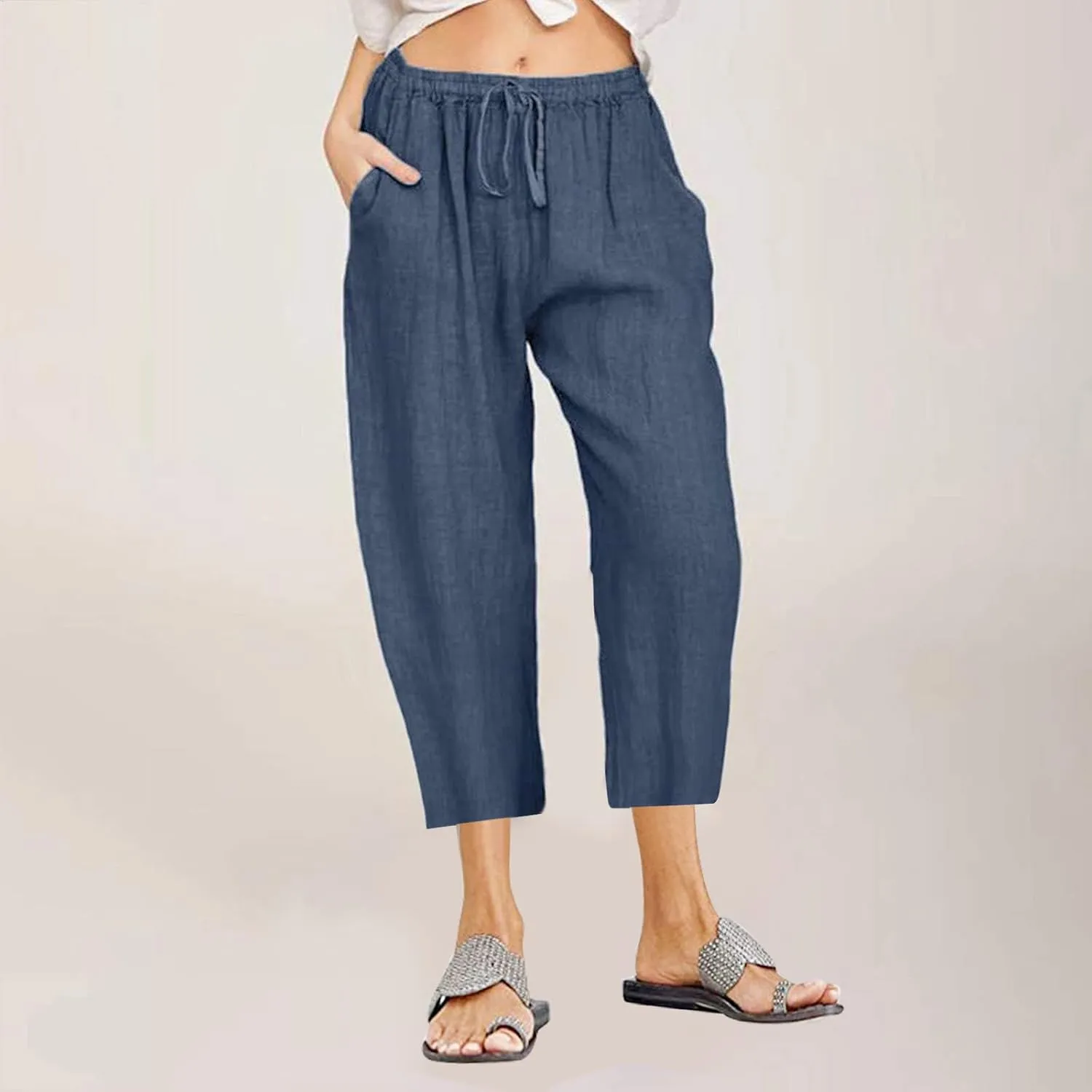 Ceboyel Women Summer Causal Linen Pants Drawstring Wide Leg Trousers Ankle Length Beach Pants Straight Leg Cropped Pants