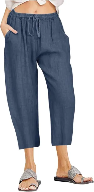 Ceboyel Women Summer Causal Linen Pants Drawstring Wide Leg Trousers Ankle Length Beach Pants Straight Leg Cropped Pants