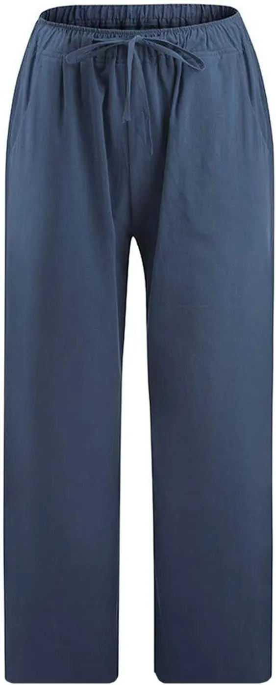 Ceboyel Women Summer Causal Linen Pants Drawstring Wide Leg Trousers Ankle Length Beach Pants Straight Leg Cropped Pants