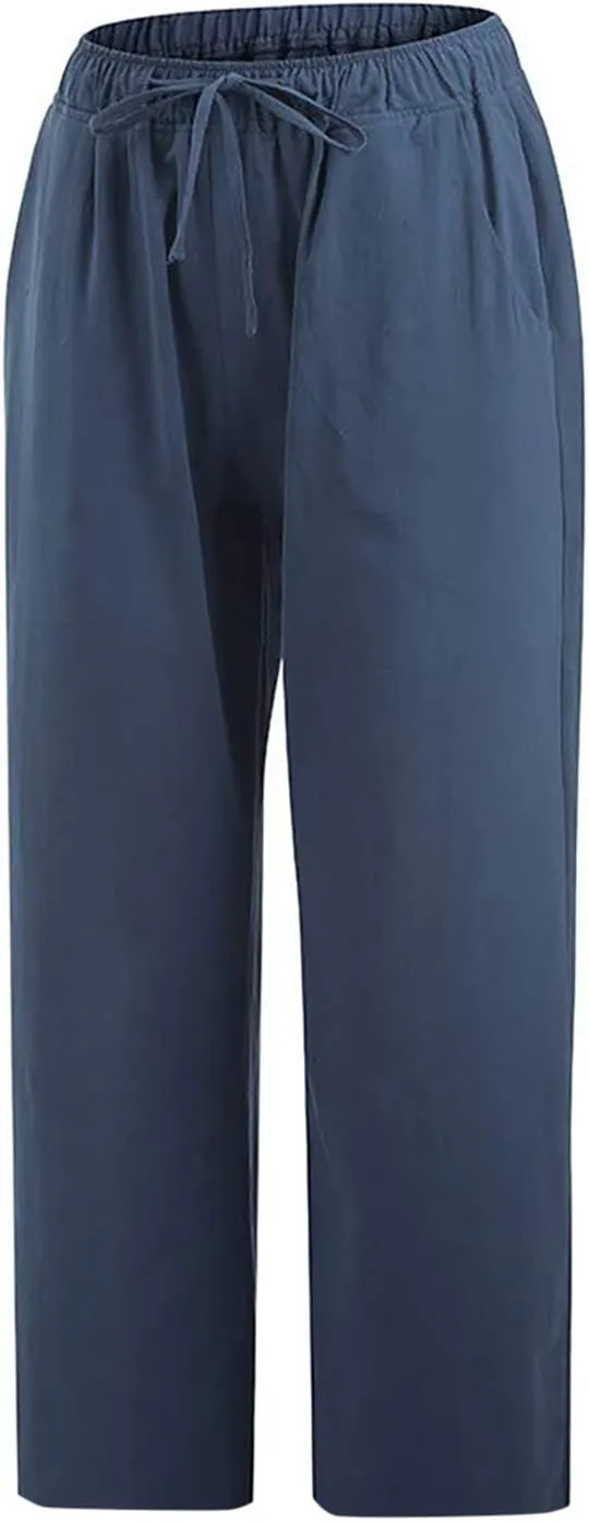 Ceboyel Women Summer Causal Linen Pants Drawstring Wide Leg Trousers Ankle Length Beach Pants Straight Leg Cropped Pants