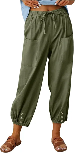 Ceboyel Women's Cotton Linen Lantern Tapered Pants Drawstring Baggy Harem Pants Summer Pants Casual Lounge Trousers 2023